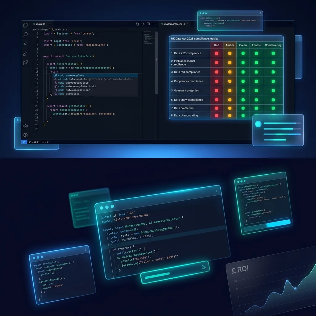 Split-screen showing a dark-mode IDE with Cursor AI on the left and a Red/Amber/Green UK Data Act 2025 compliance matrix on the right with a pound sterling ROI chart overlay