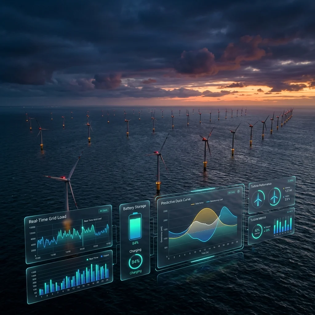 AI for UK energy grid 2026 showing dynamic load forecasting dashboard with offshore wind turbines, battery storage systems, and net zero compliance reporting for UK Distribution Network Operators
