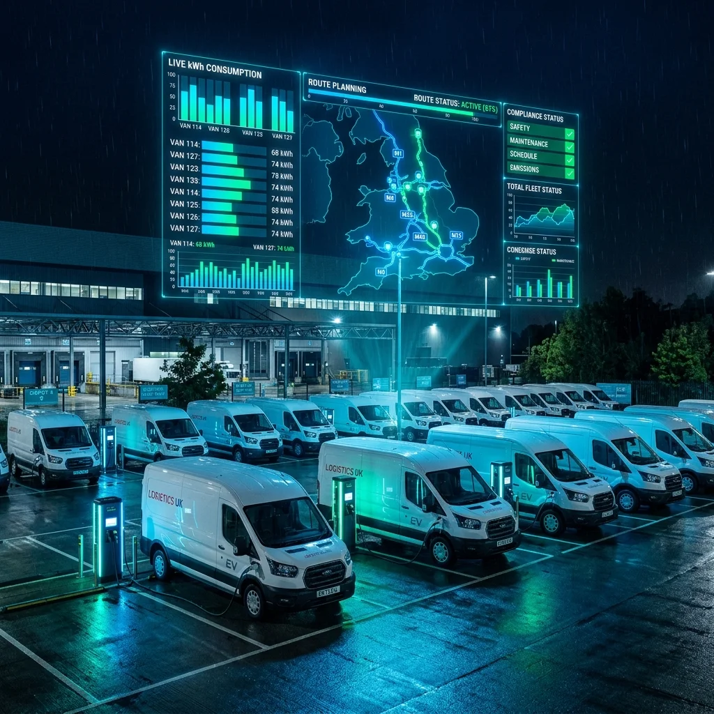 AI fleet management UK 2026 showing EV depot charging optimisation dashboard with HMRC compliance reporting and ZEV mandate analytics for UK logistics operators