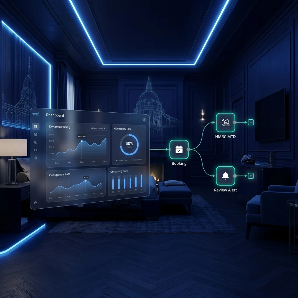 UK hospitality AI implementation guide 2026 showing Red Amber Green DUAA compliance matrix and n8n workflow connecting a hotel booking engine to CRM
