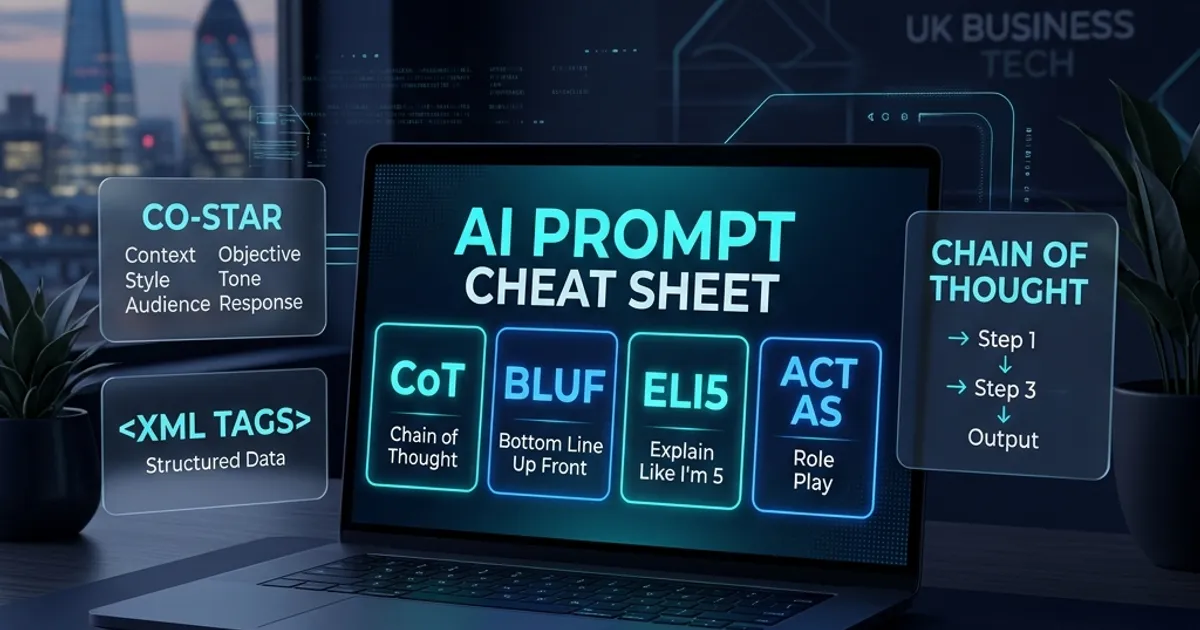 AI prompt shortcuts and best practices cheat sheet for UK professionals showing structured prompt frameworks and abbreviations