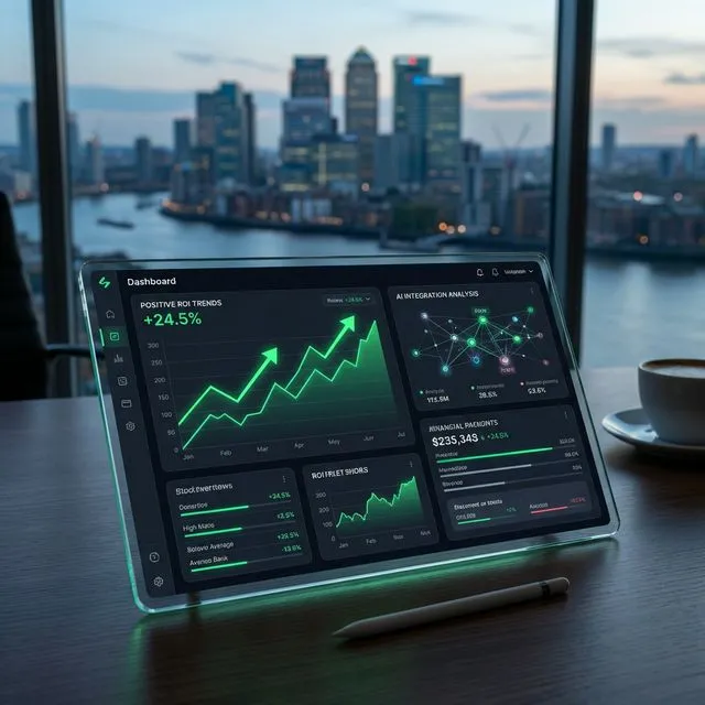UK Finance Director analyzing AI ROI calculations with 551% returns and 3.5-month payback period showing cost savings vs human capital