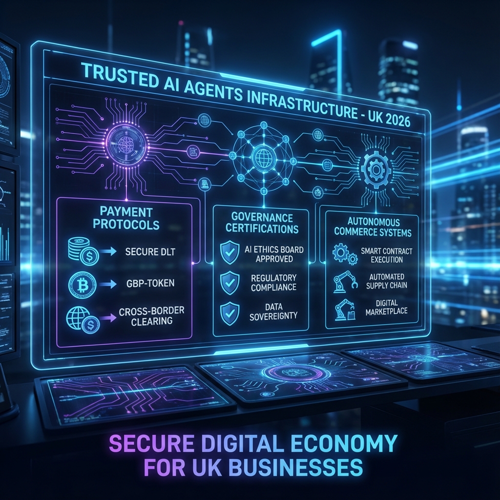 Trusted AI agents infrastructure showing payment protocols, governance certifications, and autonomous commerce systems for UK businesses in 2026