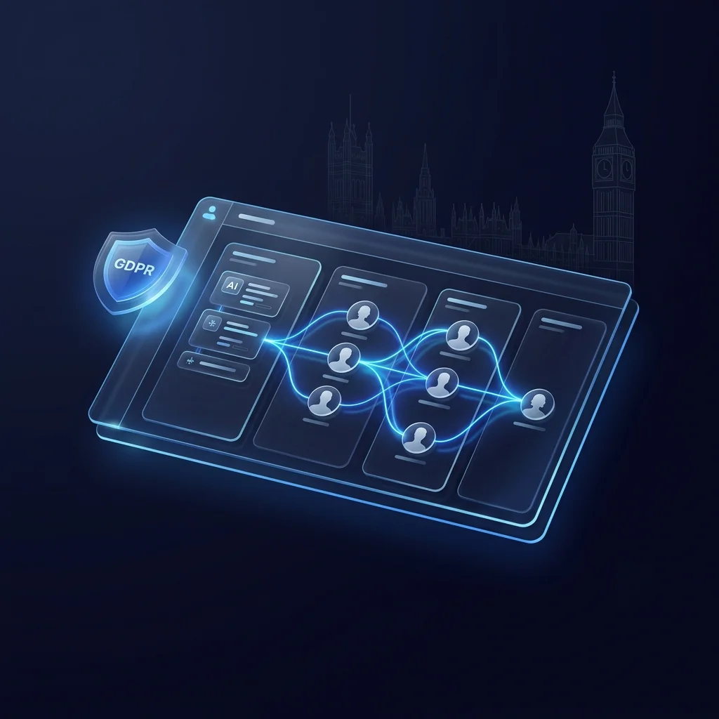 UK AI recruitment GDPR compliance 2026 showing split-screen n8n JSON workflow with Red Amber Green DUAA framework and UK regulatory badges