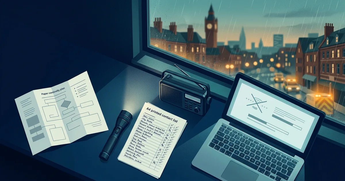Illustration of an offline continuity plan, contact list, torch, radio and unavailable laptop beside a rainy UK city