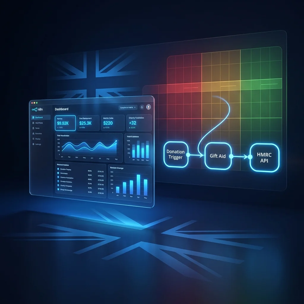UK charity AI implementation guide 2026 showing n8n Gift Aid workflow and Red Amber Green DUAA compliance framework for non-profits