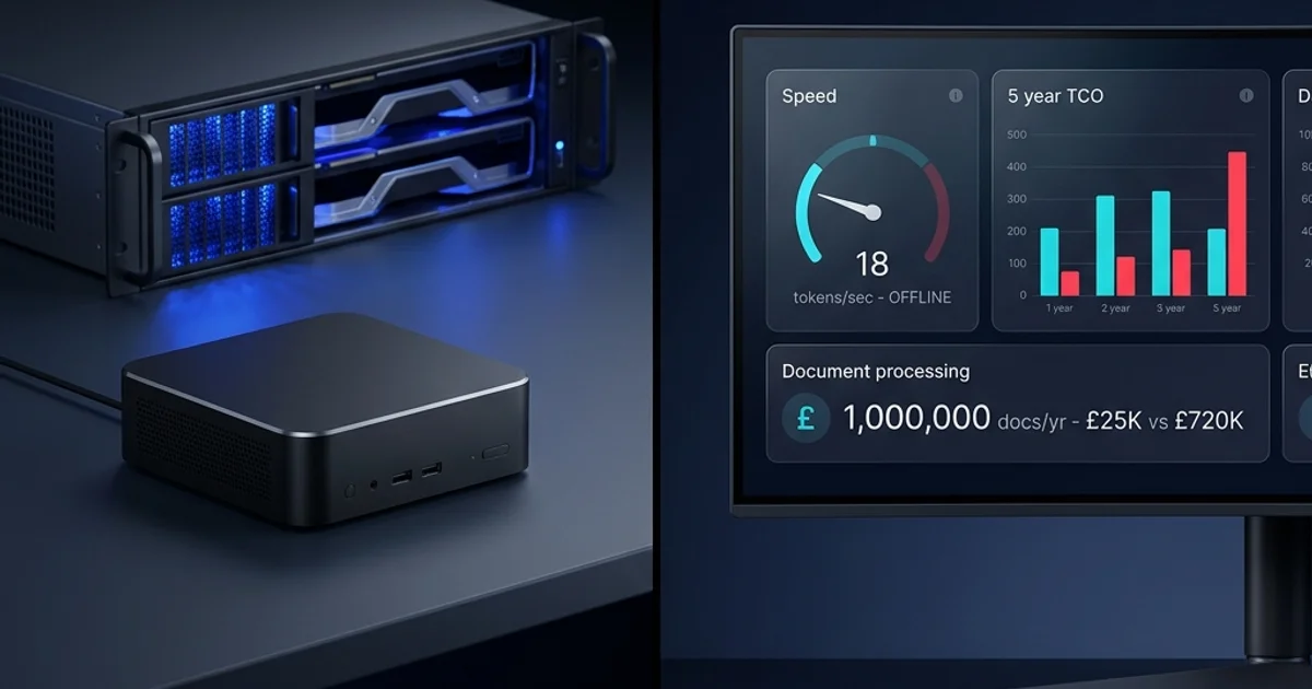 Tiny AI Pocket Lab and local enterprise GPU server with blue LEDs connected to a UK business dashboard showing real-time AI inference metrics and financial analytics