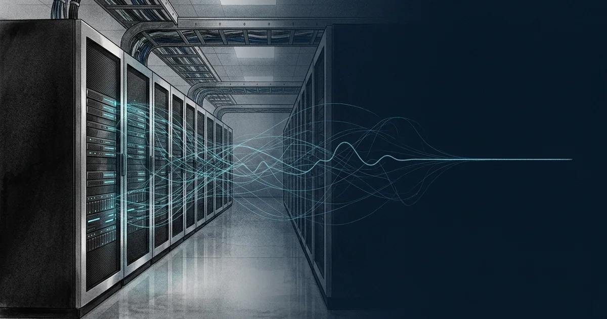 Editorial illustration separating search crawler traffic, automated security threats and social media influence around a disrupted data centre
